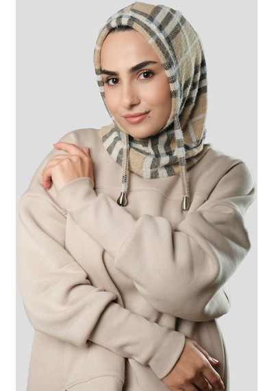 Hürrem Bone Bej Bağcıklı Balaklava Boyunluklu Bere Jakar Ekoseli 2323 12 Bej