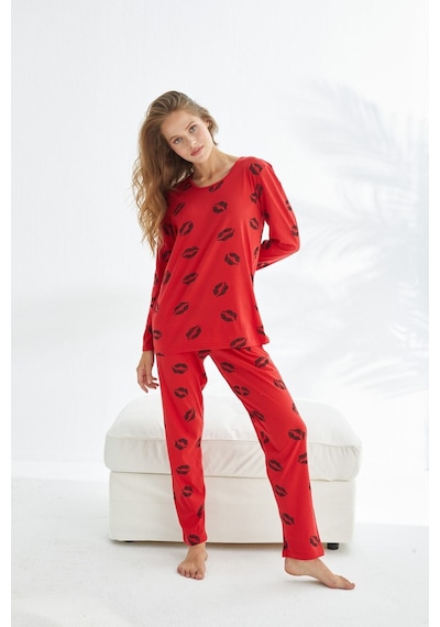 Siyah İnci Pamuklu Pijama Takımı 7681 Kırmızı Siyah Dudak