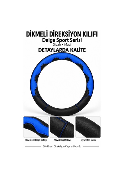 Trobus Toyota Corolla 1993-1998 Uyumlu Dikmeli Direksiyon Kılıfı Dalga Sport Deri Siyah Mavi Siyah - Mavi