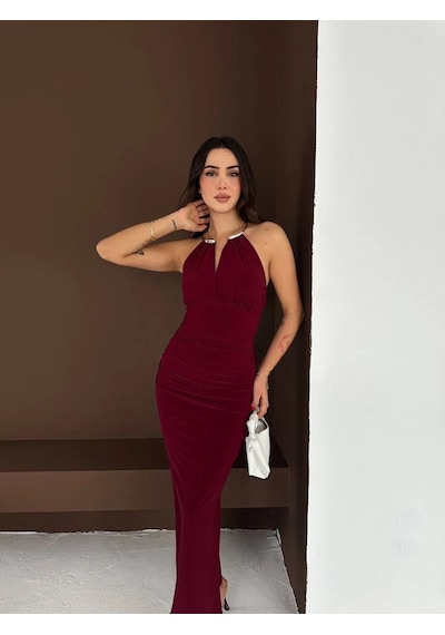 Tarzyeri Kadın Uzun Abiye Elbise Yırtmaçlı Sırt Dekolteli Şık Gece Elbisesi - Bordo