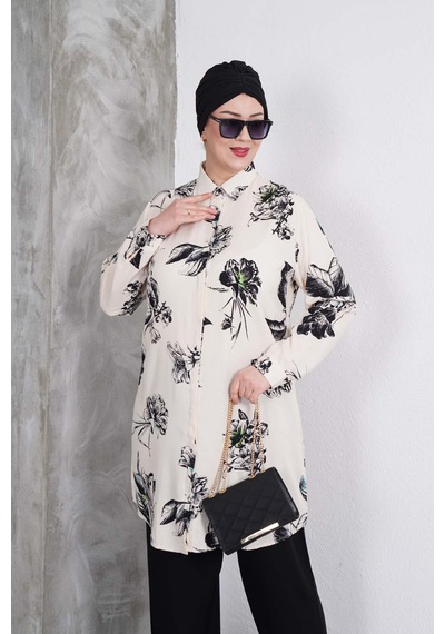 Polologin Butik Siyah Beyaz Çiçekli Tunik Pantolon Takımı Siyah & Beyaz