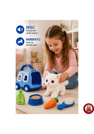 Oyuncak Kedi Taşıma Çantalı Sesli Hareketli Pilli, Emekleme Oyuncağı Aksesuarlı Çocuklar İçin Eğitici Hayvan Sevgisi Mavi