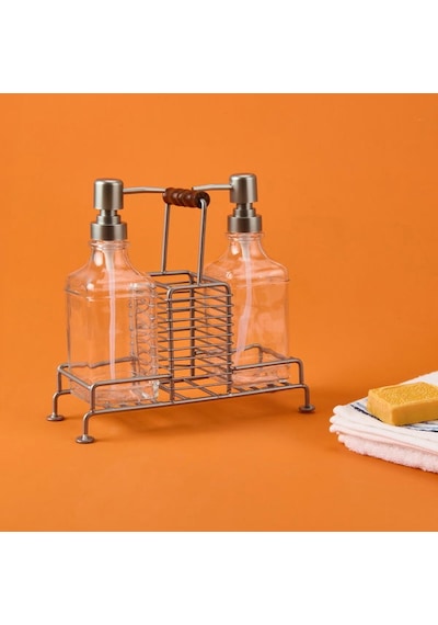 Arow Bland 2'li Metal Stantlı Cam Sıvı Sabunluk - Şeffaf / Gri - 200 Ml Şeffaf / Gri