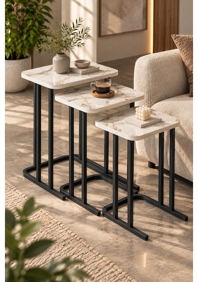 Sulorahome Ekru Mermer Desenli 3'lü Zigon Sehpa Seti Metal Ayaklı