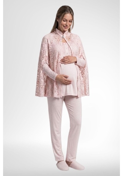 Mecit Pijama Mecit 6402 Kadın Pudra Dantel Pelerin Hamile Lohusa Pijama Takımı