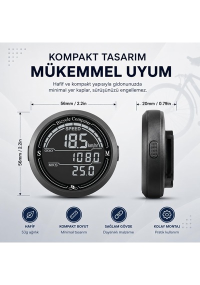 Bisiklet Bilgisayarı Km Saati Hız Ve Mesafe Ölçer Su Geçirmez Ledli Lcd Ekranlı Kablolu Siyah