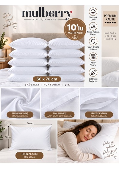10'lu Yastık Kılıfı 50x70 Cm Beyaz Premium Kalite Yastık Kılıfı Seti