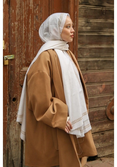 Premium Lux Original Monogram Şal İpek Vual, Yüksek Kalite, Hafif, Rahat, Şık, Tesettür, Shawl Krem
