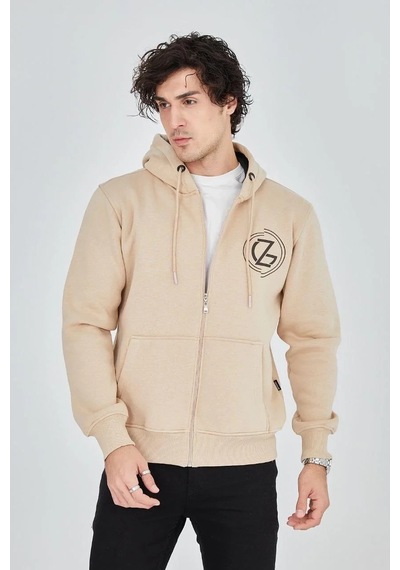 Erkek 3 İplik Pamuklu Fermuarlı Kapüşonlu Kanguru Cepli Baskılı Hoodie Hırka Sweatshirt - Bej Bej