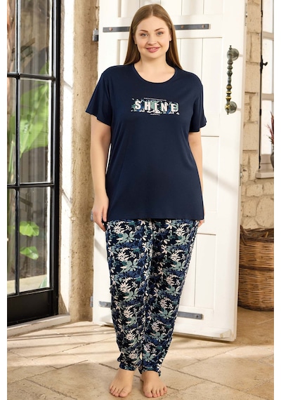 Aydoğan Kadın İnci Büyük Beden Kısa Kol Lacivert Pijama Takım 0142 Lacivert