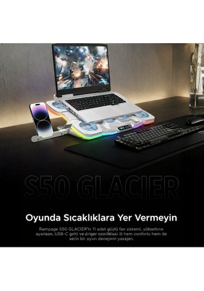 Rampage S50 Glacier Beyaz Rgb Işıklı 11 Fanlı Lcd Göstergeli 1 Type C 1 Usb Girişli Yükselebilen Notebook Soğutucu