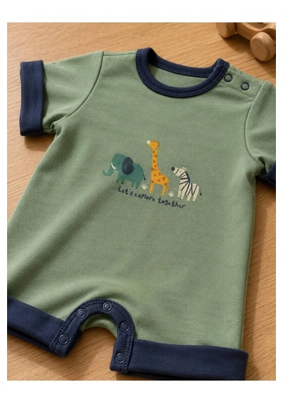 Ferasty İstanbul Unisex Bebek Tulum Hayvan Desenli Çıtçıtlı Yeşil