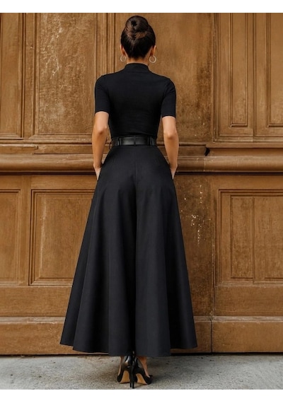 DefyModa Kadın Yüksek Bel Kemerli Double Kumaş Palazzo Pantolon Siyah