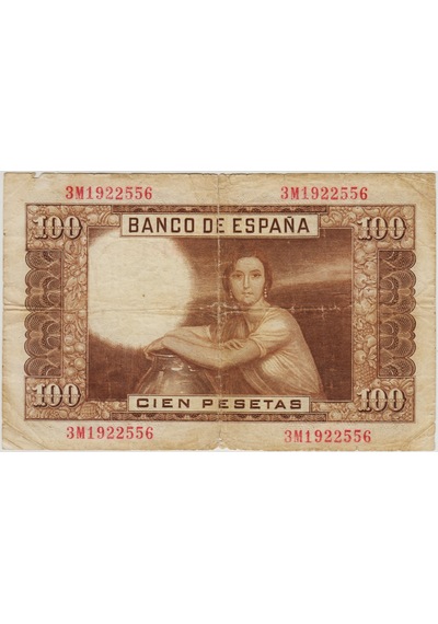 İspanya 100 Peseta 1953 Üst Kenarda 2 Cm Yırtık Haliyle.
