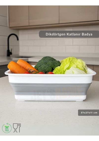 Katlanır Badya - Akordiyon Katlanabilir Dikdörtgen Kova 8 L - Beyaz/gri - Bpa Free Beyaz Gri