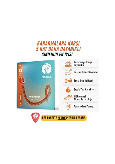 Pitbull Strings Coated Seri Akustik Gitar Teli Uzun Ömürlü, Parlak Ton, Yüksek Dayanıklılık Cag 11-52 El