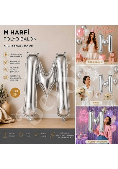 M Harfi Folyo Balon Gümüş Rengi 100 Cm