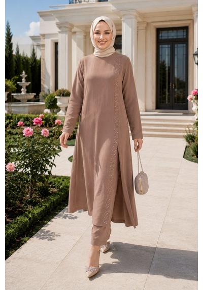 Hb Harma Time Butik Kadın İnci İşlemeli Bej Tunik-pantolon İkili Takım
