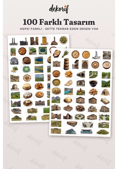 Muş Sticker Seti 100 Adet - Murat Köprüsü Laleler Yöresel Yemekler Gerçekçi Ajanda Journal Çıkartma Çok Renkli