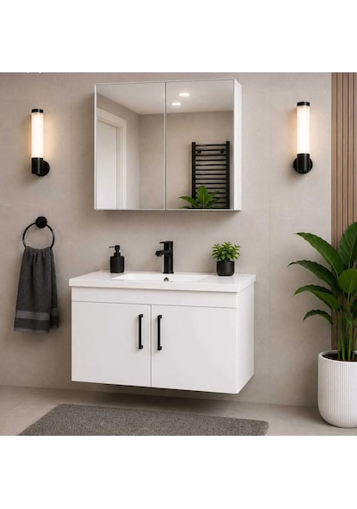 Modern Luna 65 cm Beyaz MDF Banyo Dolabı Takımı Aynalı Üst Modül ve Seramik Lavabolu