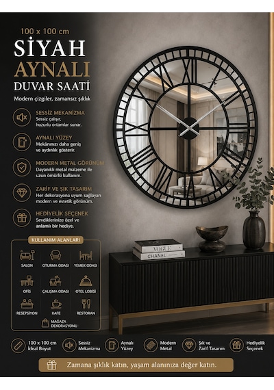 Siyah 100 X 100 Cm Aynalı Duvar Saati