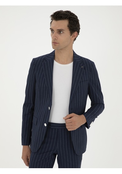 Cacharel Koyu Lacivert Slim Fit Yün Keten Karışımlı Takım Elbise