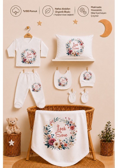 Pia Baby Kız Bebek Hastane Çıkışı Seti 11 Parça %100 Pamuk Kişiye Özel İsim Baskılı 106911yx Ekru