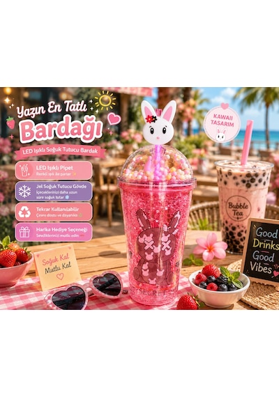 Çift Katlı İçecek Bardağı Led Işıklı Pipetli Kawaii Chibi Sevimli Tavşan Figürlü Suluk 450ml Kırmızı