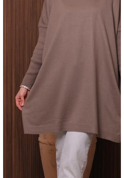 Balenbi Kadın Dik Yaka Basic 80cm Salaş Oversize Triko Tunik 1145 Toprak