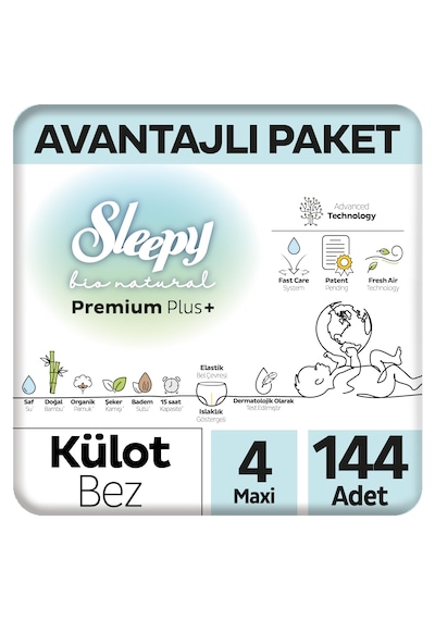 Sleepy Bio Natural Premium Plus Avantajlı Paket Külot Bez 4 Numara Maxi 144 Adet