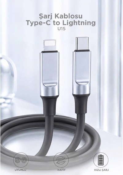 U15 Type-c To Lightnıng 27w Hızlı Şarj Kablosu Dayanıklı Kablo Gri