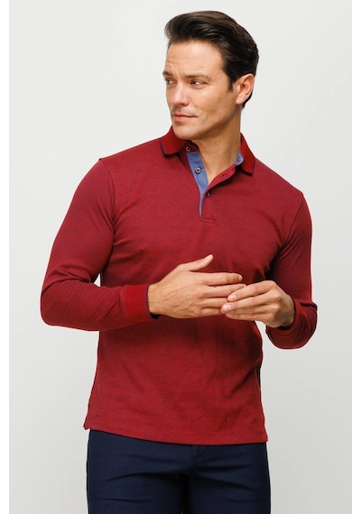 Desen Triko Erkek Polo Yaka Desenli Uzun Kollu Sweatshirt Bordo Bordo