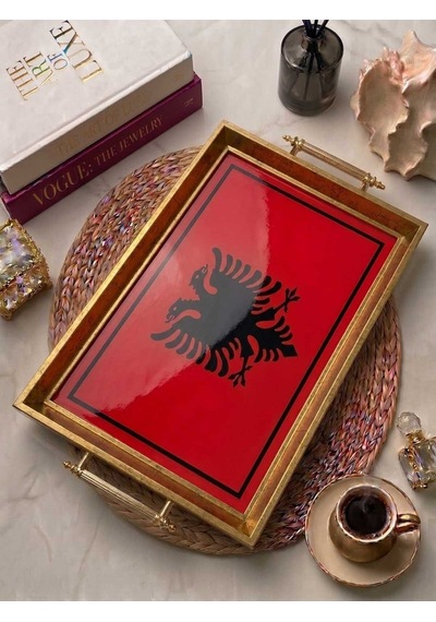 Arnavut Kartalı Desenli Altın Kulplu Cam Yüzeyli Sunum Tepsisi