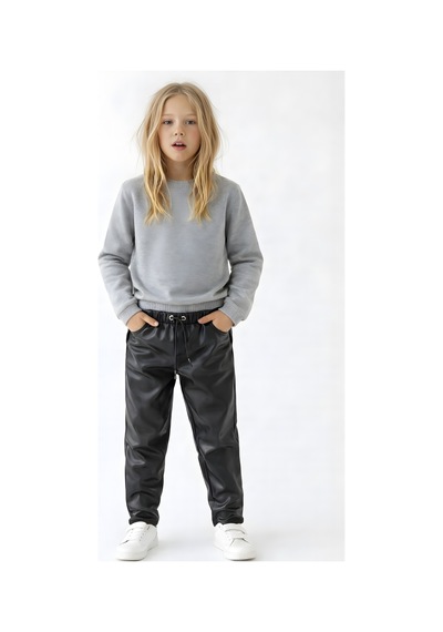 Esila Kids Kız Çocuk Deri Pantolon Lastikli Bel Cepli Şık Pantolon Siyah