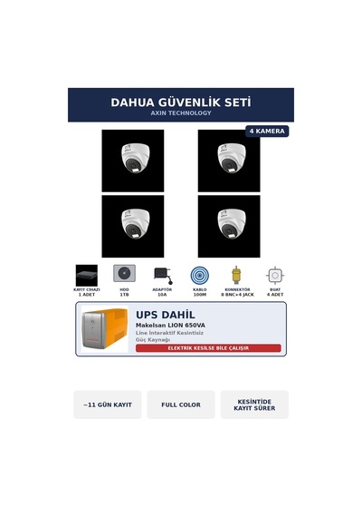 Dahua 4 Kameralı 5mp Ups'li Güvenlik Kamera Seti 5mp Full Color Sesli Dome İç Mekan 1tb