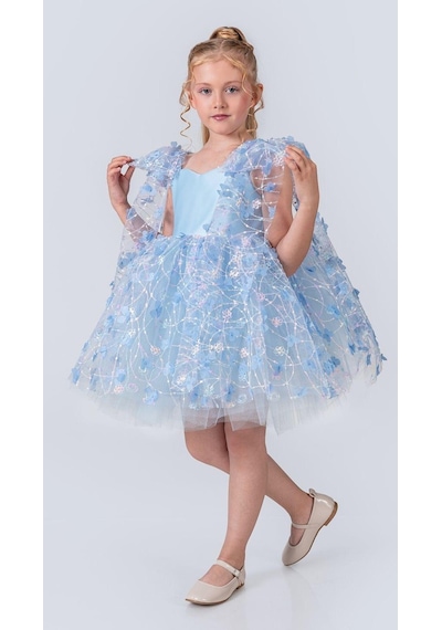 Mnk Baby & Kids Çiçek Brode Desen İmeros Kız Abiye M00736 Mavi
