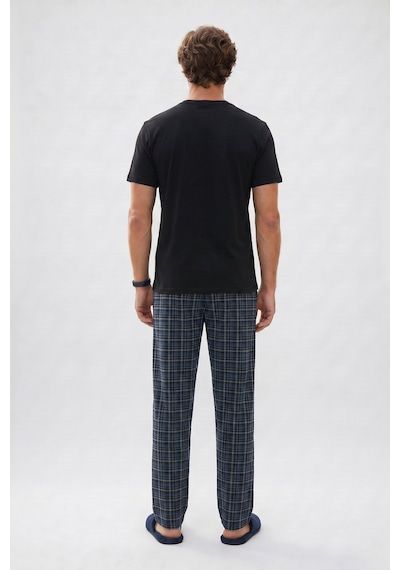 Tudors Erkek Standart Fit Normal Kesim Pamuklu Bisiklet Yaka Kısa Kollu Lastikli Siyah Pijama Takımı-51141