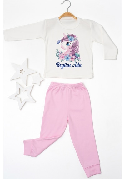 Pia Baby İsimli Kız Çocuk Pijama Takımı %100 Pamuk Penye İsme Özel Baskılı Kişiselleştirilebilir Pijama Seti 20281p14pi Krem