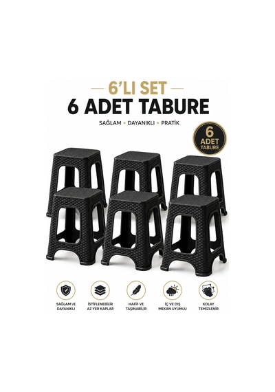 Nova 6 Lı Rattan Desenli Büyük Boy Tabure Seti Siyah 45 Cm Sağlam İstiflenebilir Çok Amaçlı Plastik Tabure Siyah