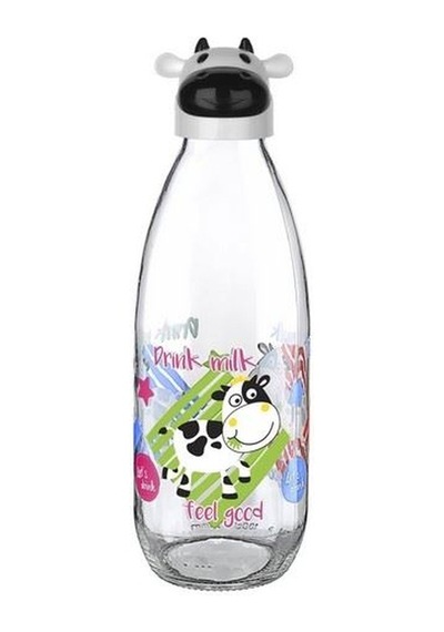 İnek Tasarımlı Sevimli Cam Suluk - Süt Şişesi 1000 Ml Beyaz