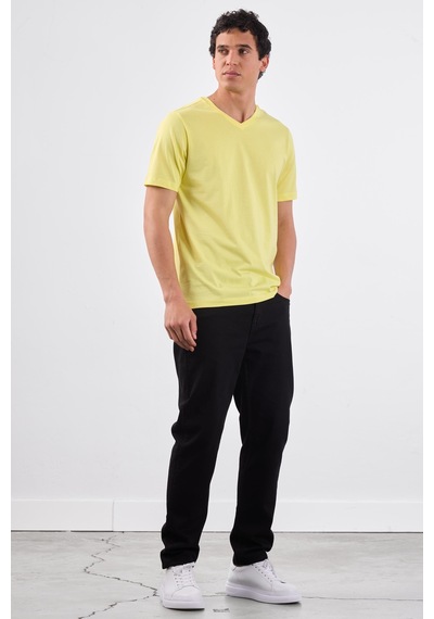 Dufy Sarı V Yaka Pamuklu Düz Renk Slim Fit Erkek T-shirt Sarı