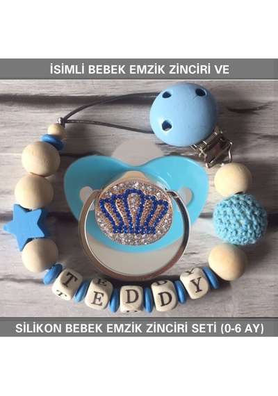 Sahi Aksesuar İsimli Emzik Zinciri Ve Silikon Emzik Seti Bezyı381 Mavi
