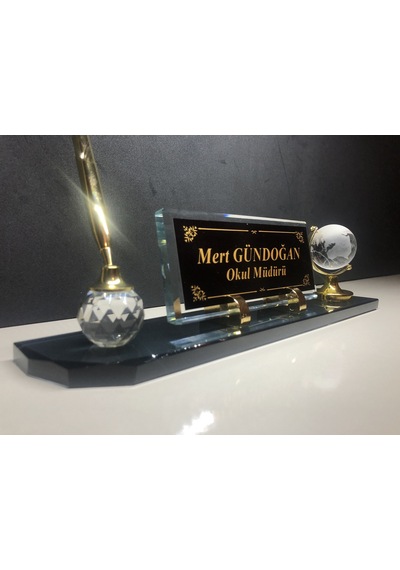 Cam Masa İsimliği Masaüstü Kişiye Özel Füme Gold Yazı Seti