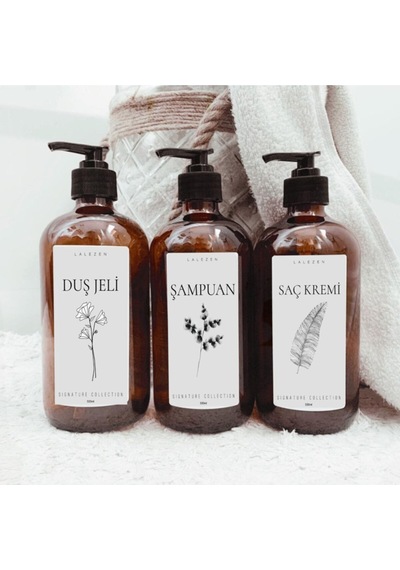 Lalezen Home 3lü Amber Cam Şişe Çiçekli Dusset Set 500ml Duş Jeli- Şampuan - Saç Kremi