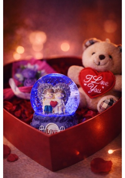 Sevgiliye Romantik Hediye Kutusu Işıklı Kalp Mor Kar Küresi Peluş Ayıcık Ve Gül Buketi Hediye Seti02 Çok Renkli