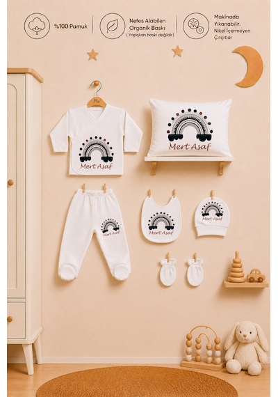 Pia Baby Erkek Bebek Kişiye Özel Zıbın Seti 7 Parça %100 Pamuk Hastane Çıkışı Yastık Kılıfı Ve Battaniye 1086zyb3x Ekru