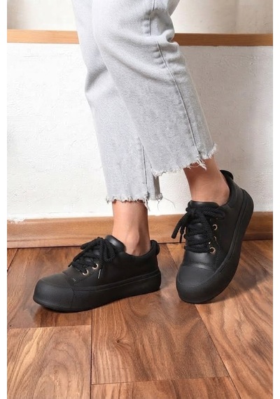 Shoetek Alyona Kadın Sneakers Halat Bağcıklı Spor Ayakkabı Siyah Deri