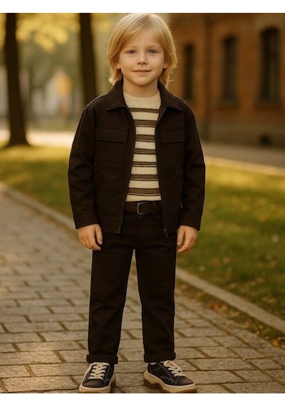 Zekids Erkek Çocuk Kemerli Gabardin Pantolon-16347 Kahverengi