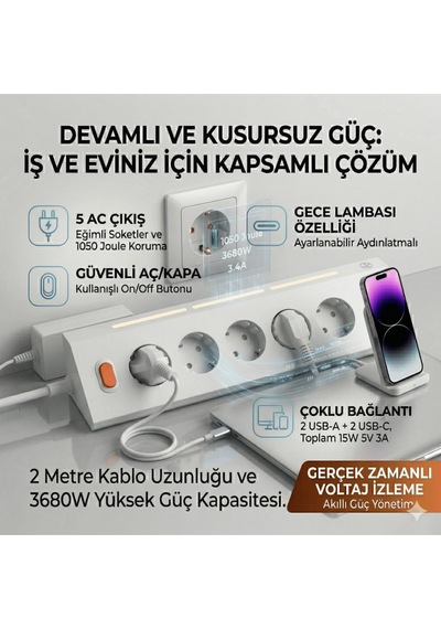 5'li Gece Lambalı Priz Akım Gerilim Korumalı Çoklu Priz 2xusb 2xtype-c Çıkışlı Uzatma Priz Çoğaltıcı 2 M