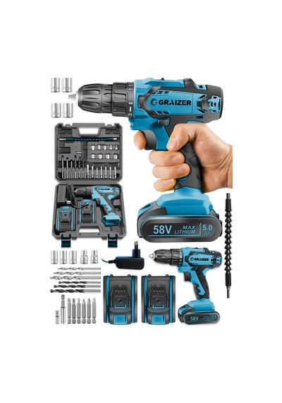 Graizer GTX-58 58V 5Ah Li-ion Çift Akülü Darbeli Vidalama Matkap Mavi + 27 Parça Set